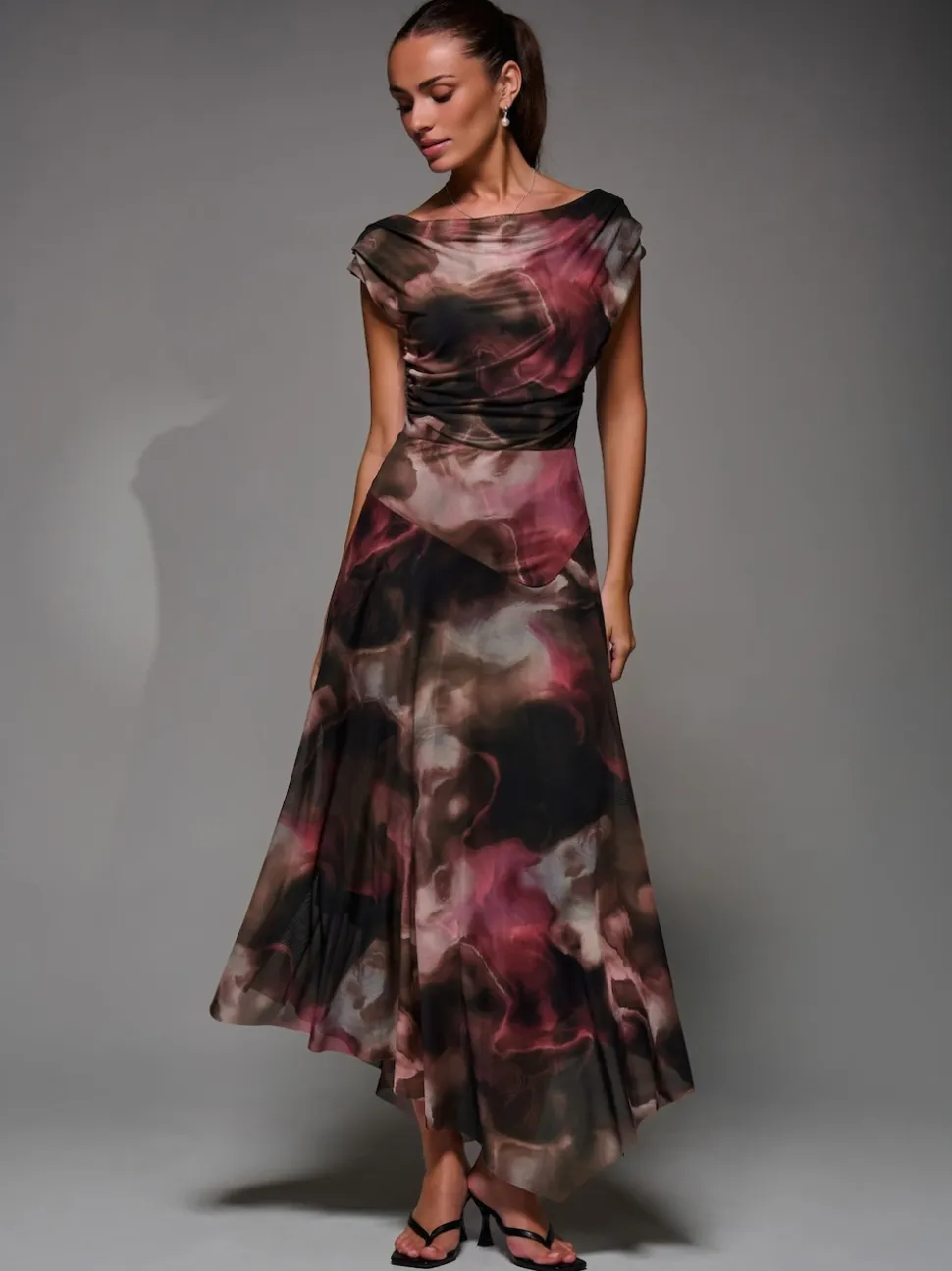 Jolie Moi Brown Mesh Asymmetrical Draped Maxi Dress