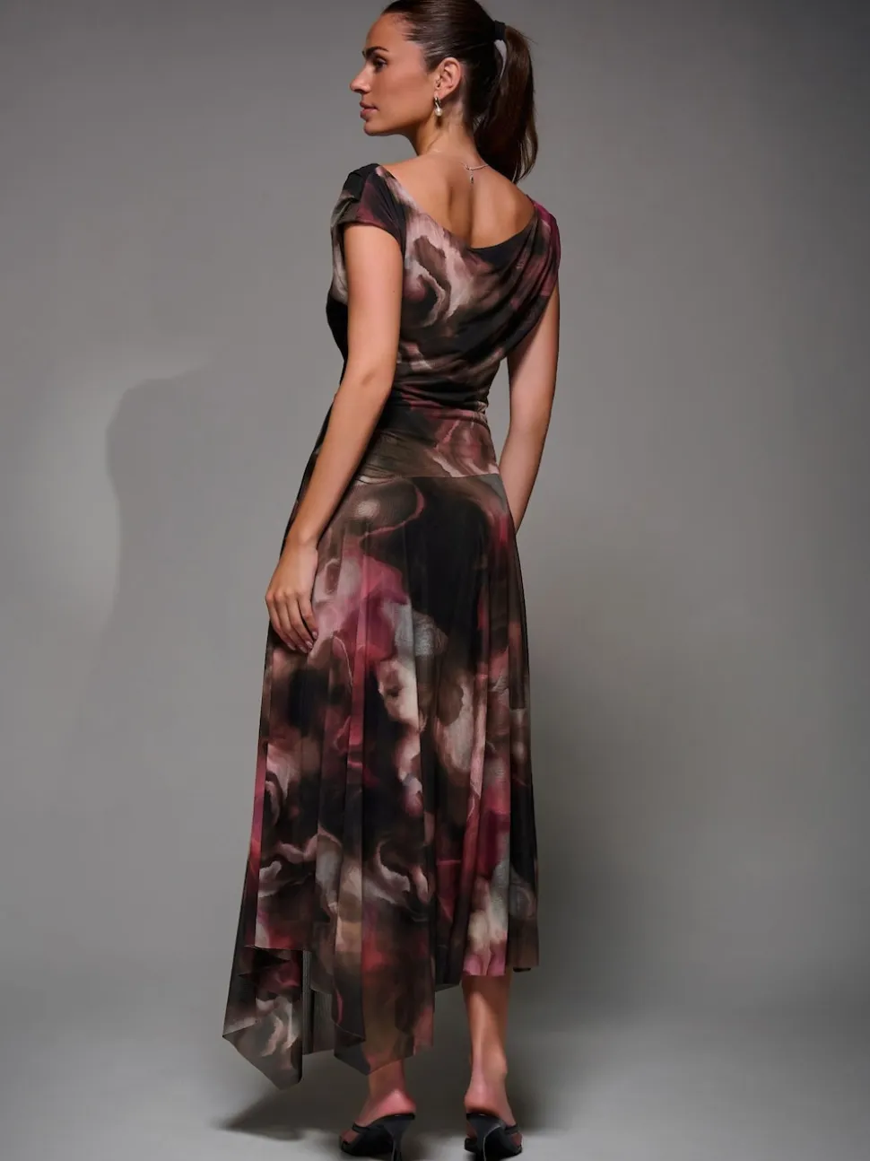 Jolie Moi Brown Mesh Asymmetrical Draped Maxi Dress