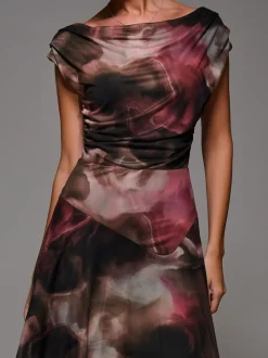 Jolie Moi Brown Mesh Asymmetrical Draped Maxi Dress