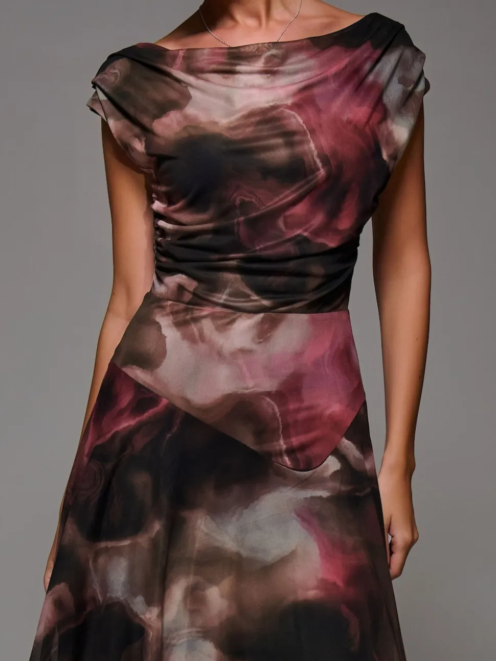 Jolie Moi Brown Mesh Asymmetrical Draped Maxi Dress