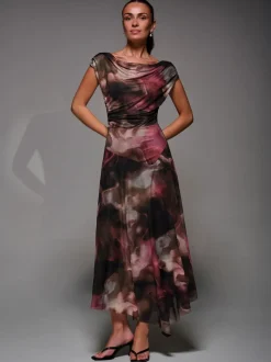 Jolie Moi Brown Mesh Asymmetrical Draped Maxi Dress
