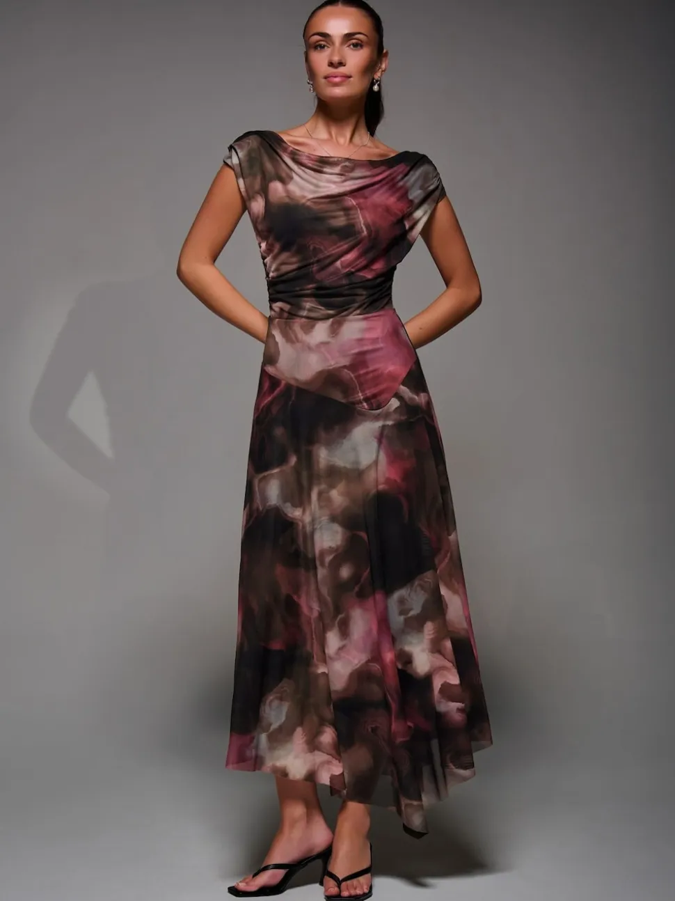 Jolie Moi Brown Mesh Asymmetrical Draped Maxi Dress