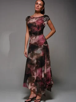 Jolie Moi Brown Mesh Asymmetrical Draped Maxi Dress