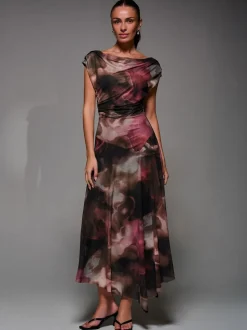 Jolie Moi Brown Mesh Asymmetrical Draped Maxi Dress