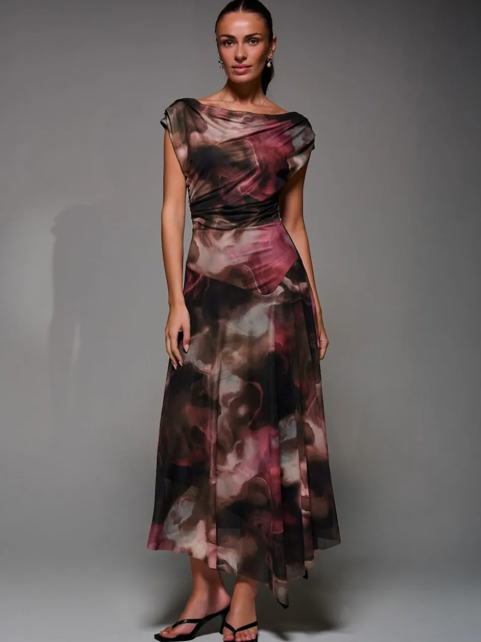 Jolie Moi Brown Mesh Asymmetrical Draped Maxi Dress