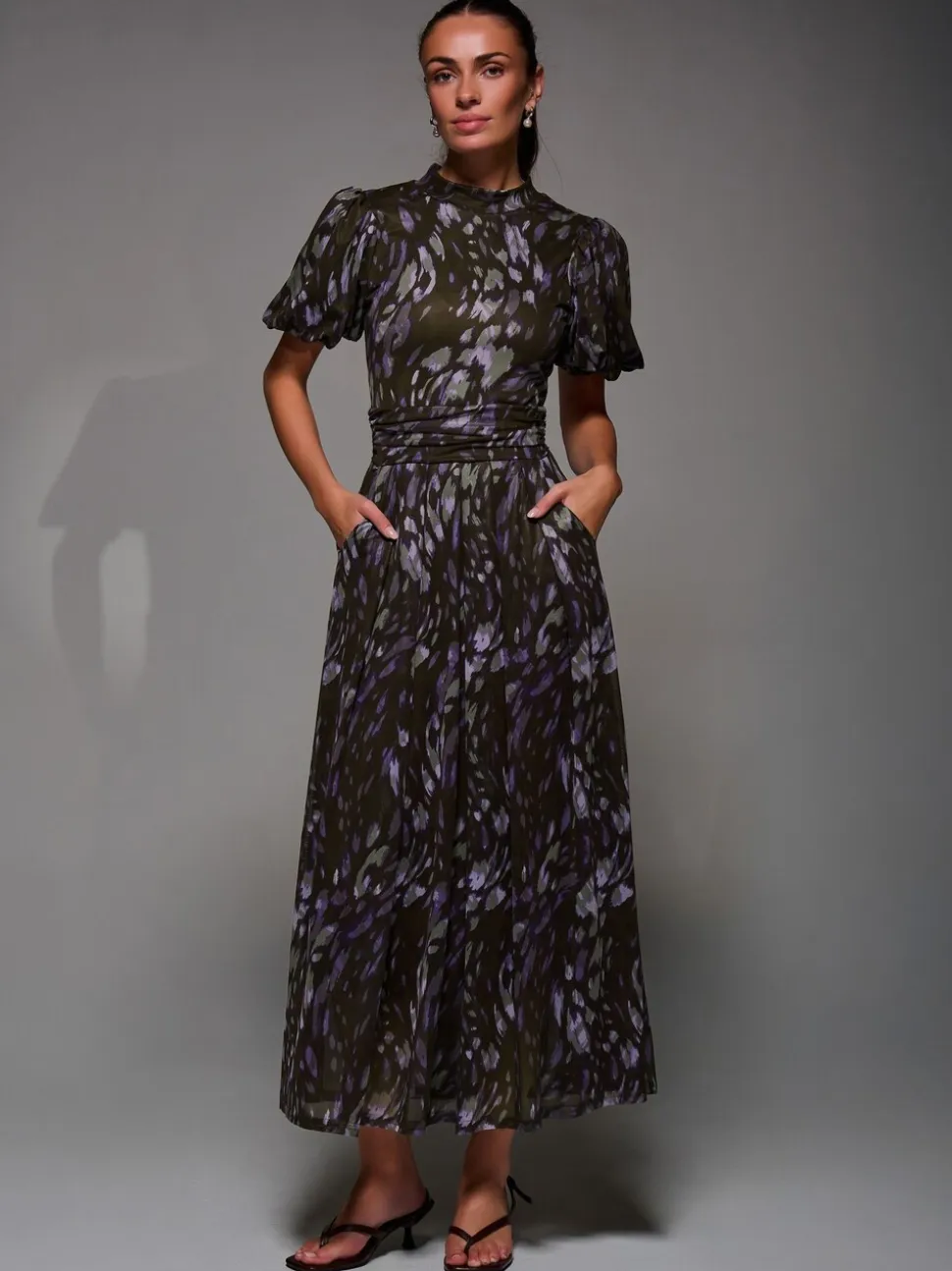 Jolie Moi Brown Puffy Sleeve Printed Mesh Maxi Dress