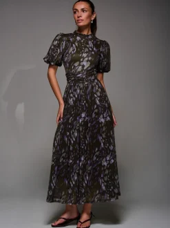 Jolie Moi Brown Puffy Sleeve Printed Mesh Maxi Dress