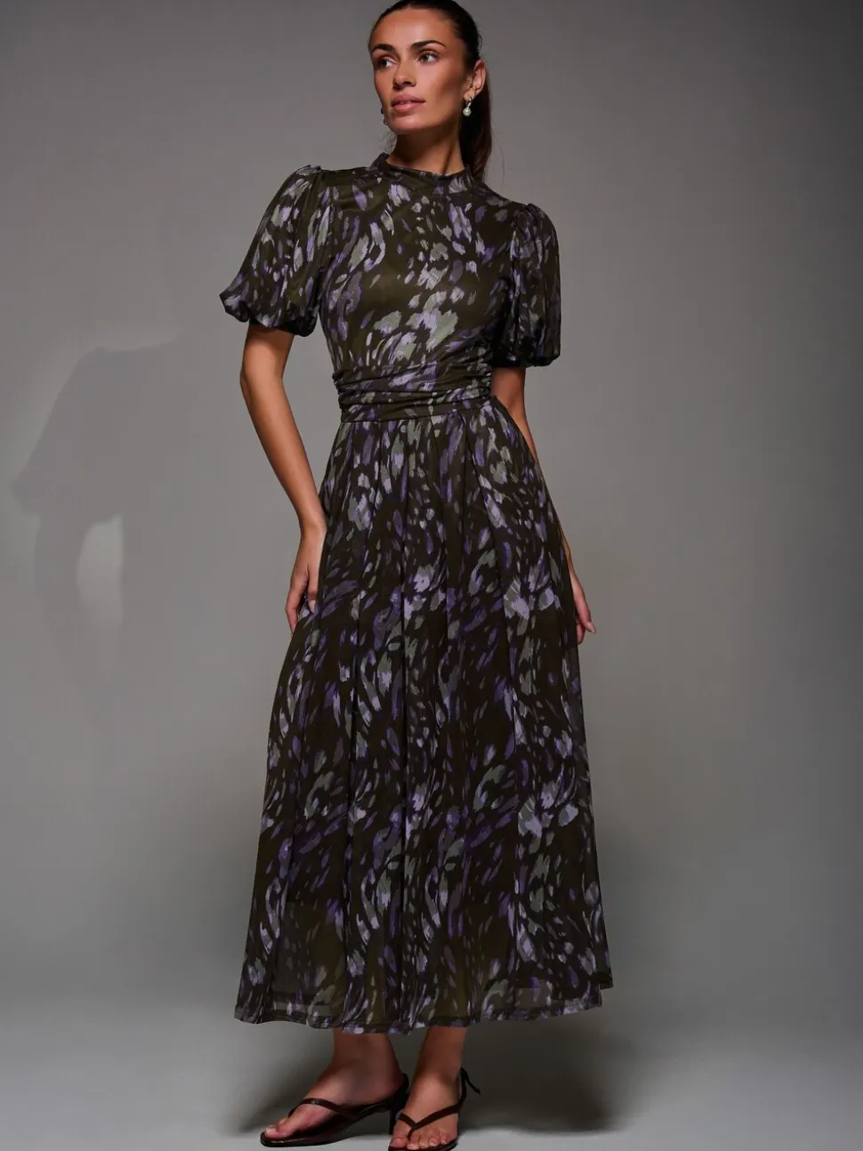 Jolie Moi Brown Puffy Sleeve Printed Mesh Maxi Dress