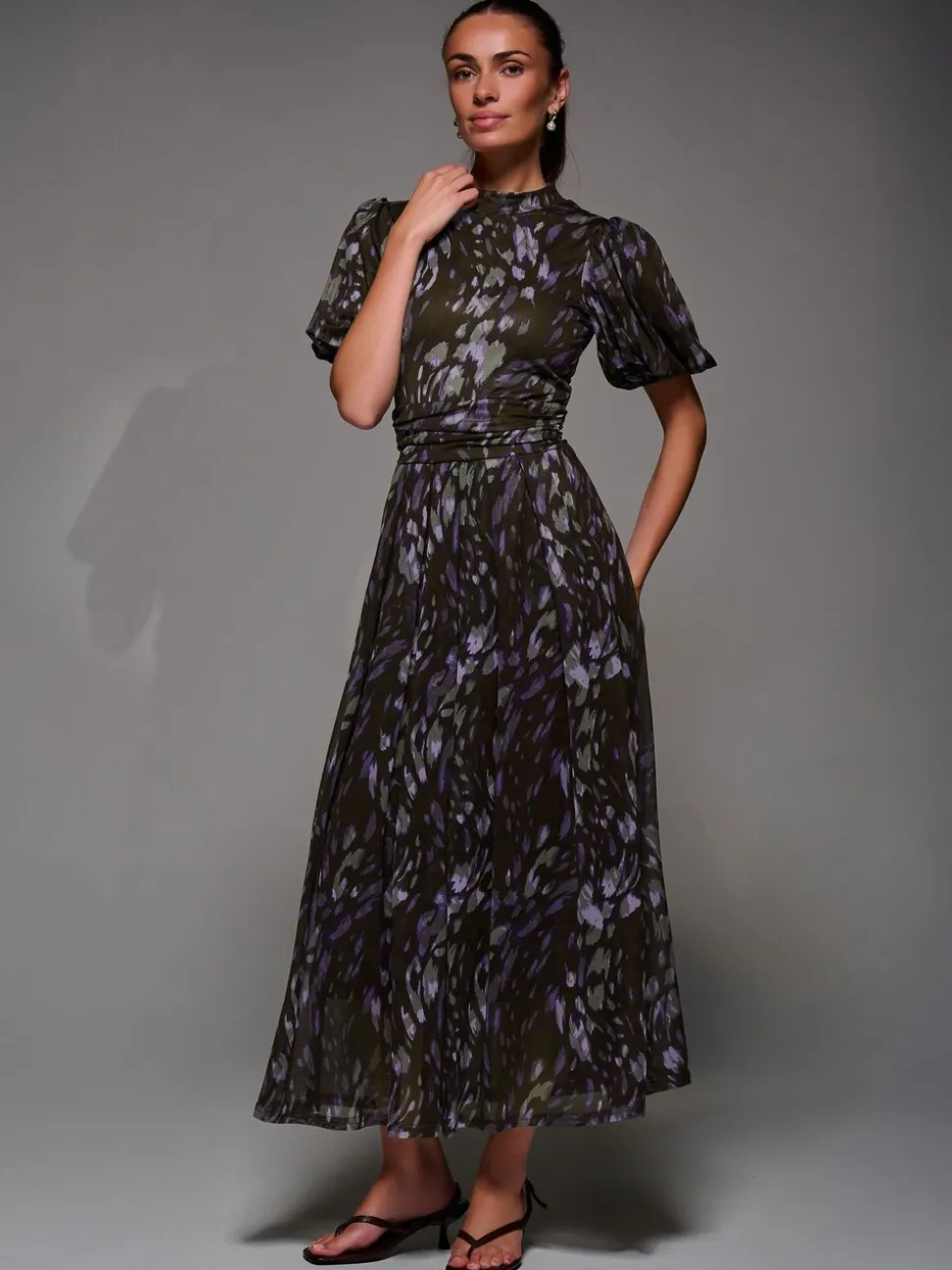 Jolie Moi Brown Puffy Sleeve Printed Mesh Maxi Dress