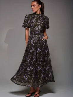 Jolie Moi Brown Puffy Sleeve Printed Mesh Maxi Dress