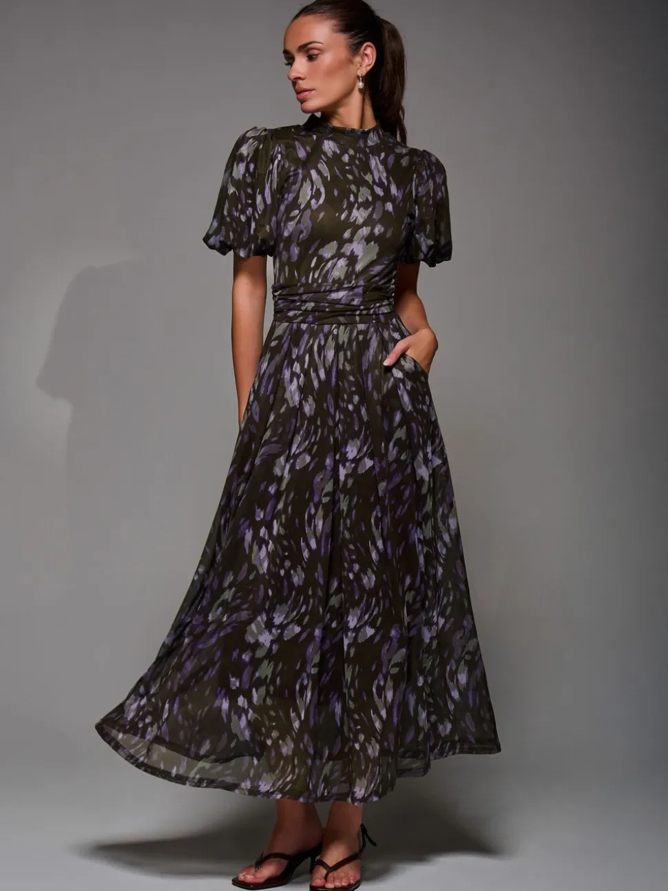 Jolie Moi Brown Puffy Sleeve Printed Mesh Maxi Dress