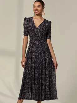 Jolie Moi Brown Ruched Sleeve Mesh Dress