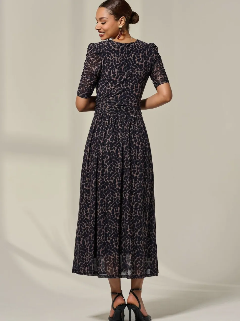 Jolie Moi Brown Ruched Sleeve Mesh Dress