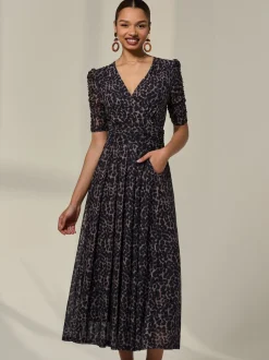 Jolie Moi Brown Ruched Sleeve Mesh Dress