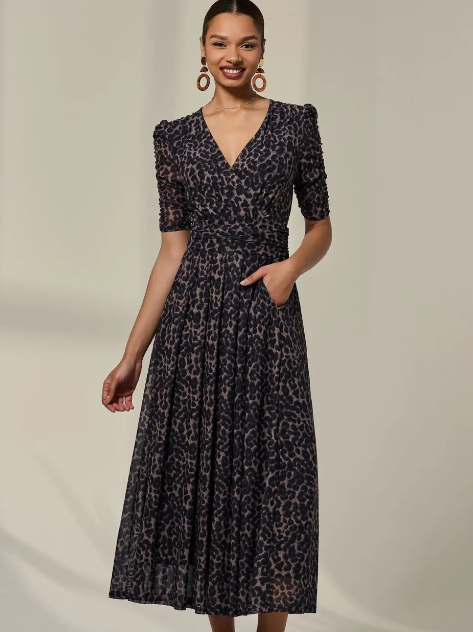 Jolie Moi Brown Ruched Sleeve Mesh Dress