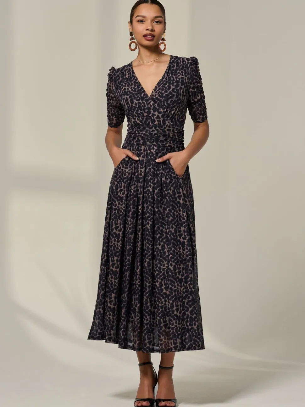 Jolie Moi Brown Ruched Sleeve Mesh Dress
