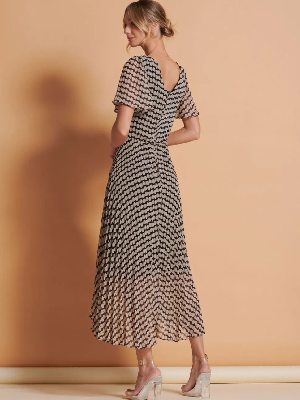 Jolie Moi Brown Spot Angel Sleeve Pleated Chiffon Maxi Dress