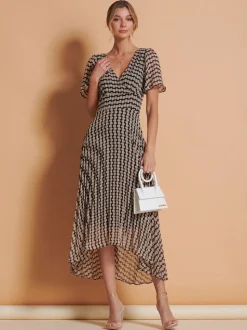 Jolie Moi Brown Spot Angel Sleeve Pleated Chiffon Maxi Dress
