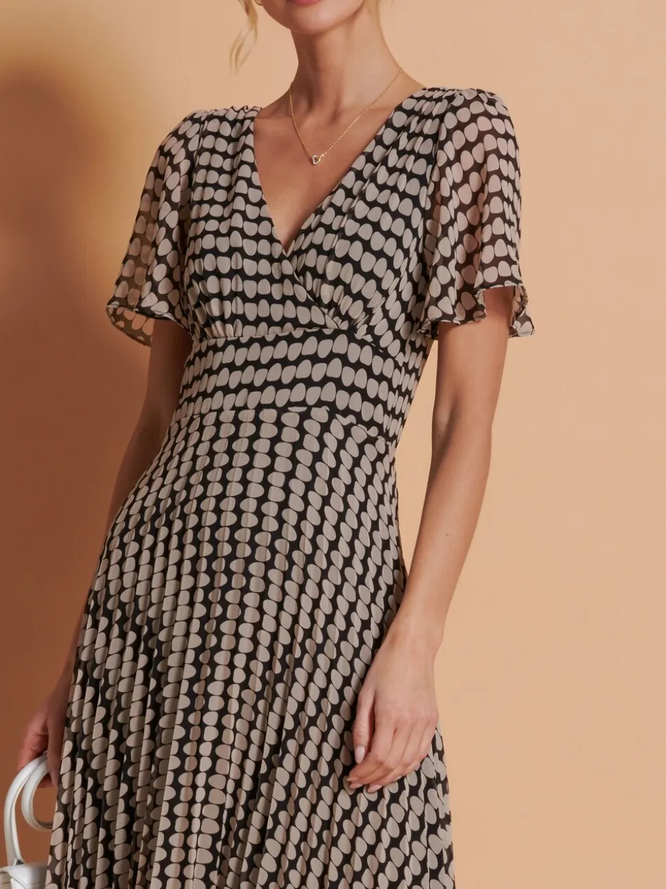 Jolie Moi Brown Spot Angel Sleeve Pleated Chiffon Maxi Dress