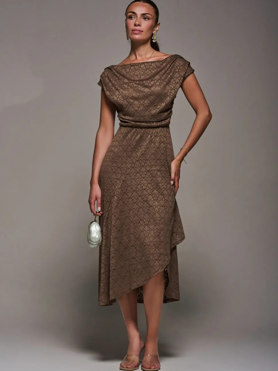 Jolie Moi Brown Textured Asymmetrical Draped Midaxi Dress