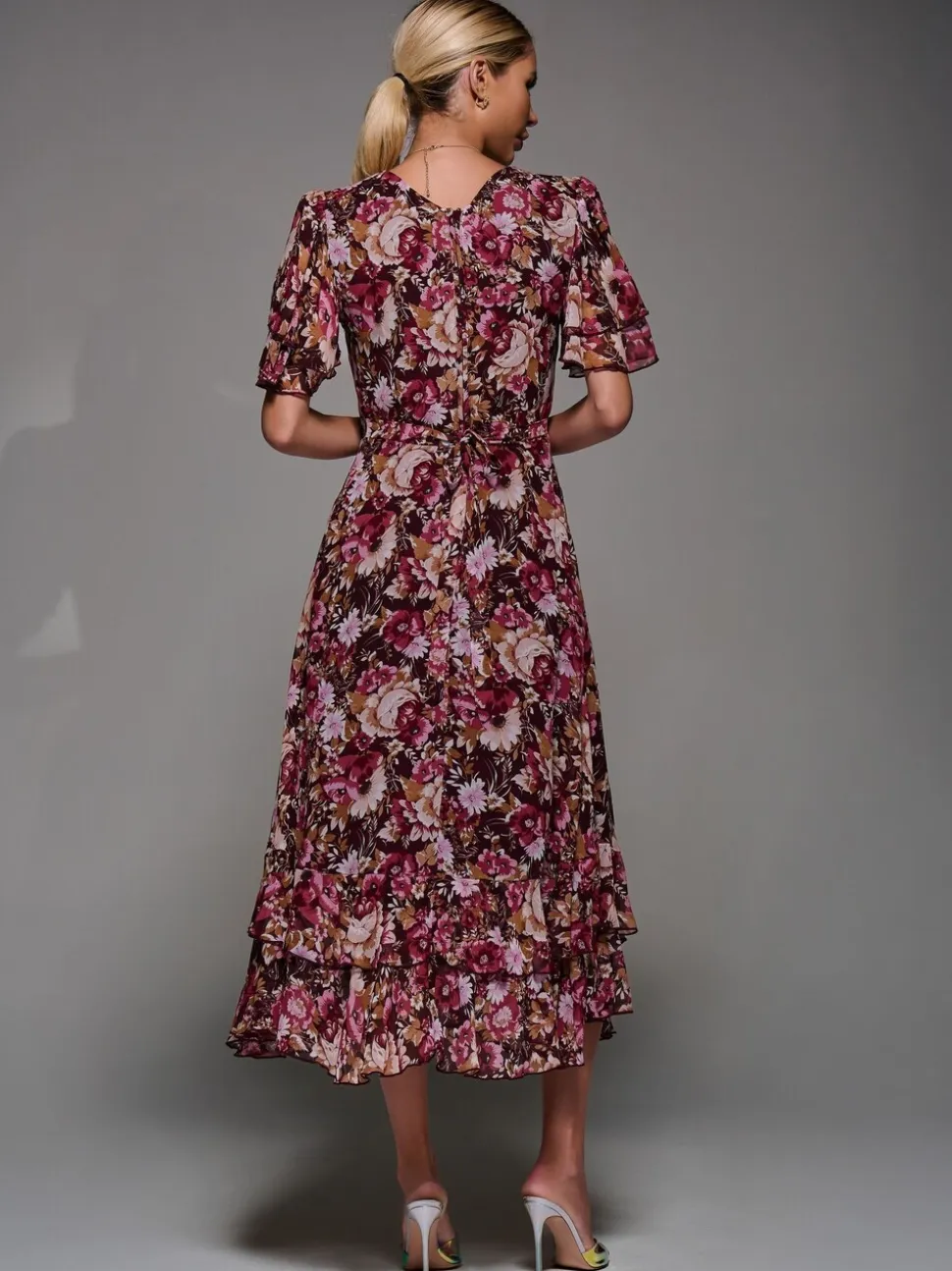 Jolie Moi Burgundy Frill Detail Chiffon Midaxi Dress