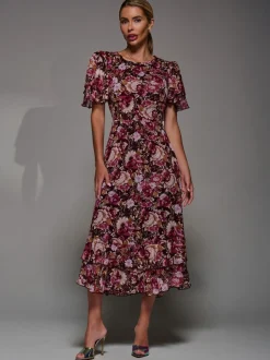Jolie Moi Burgundy Frill Detail Chiffon Midaxi Dress