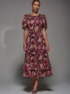 Jolie Moi Burgundy Frill Detail Chiffon Midaxi Dress