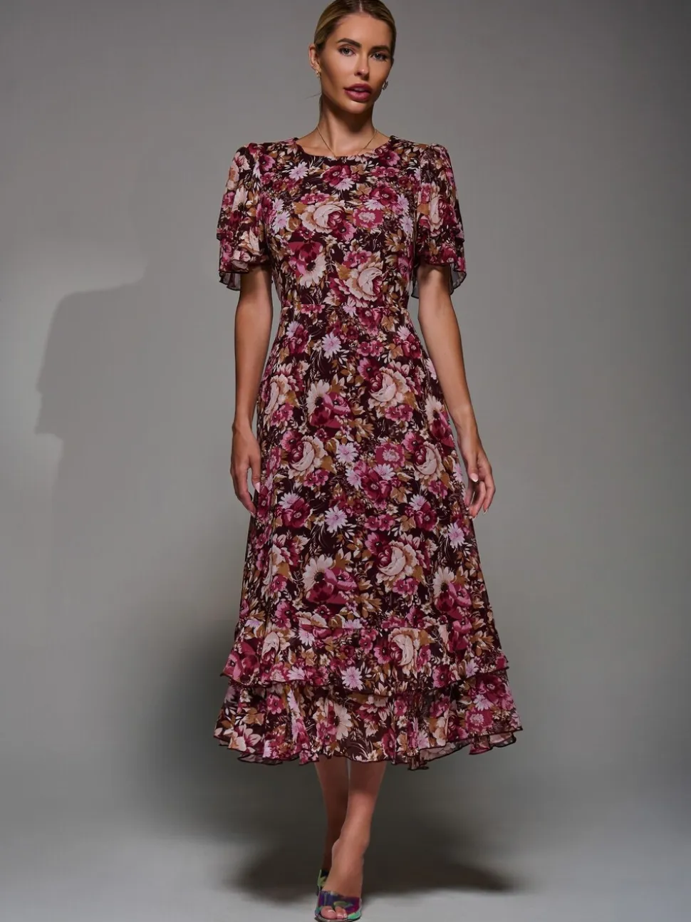 Jolie Moi Burgundy Frill Detail Chiffon Midaxi Dress