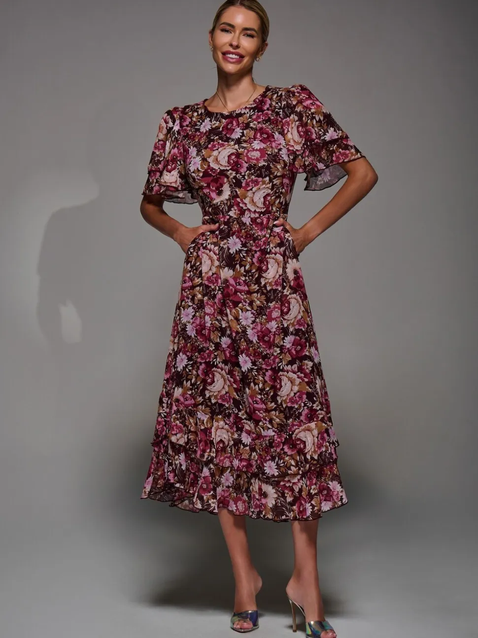 Jolie Moi Burgundy Frill Detail Chiffon Midaxi Dress