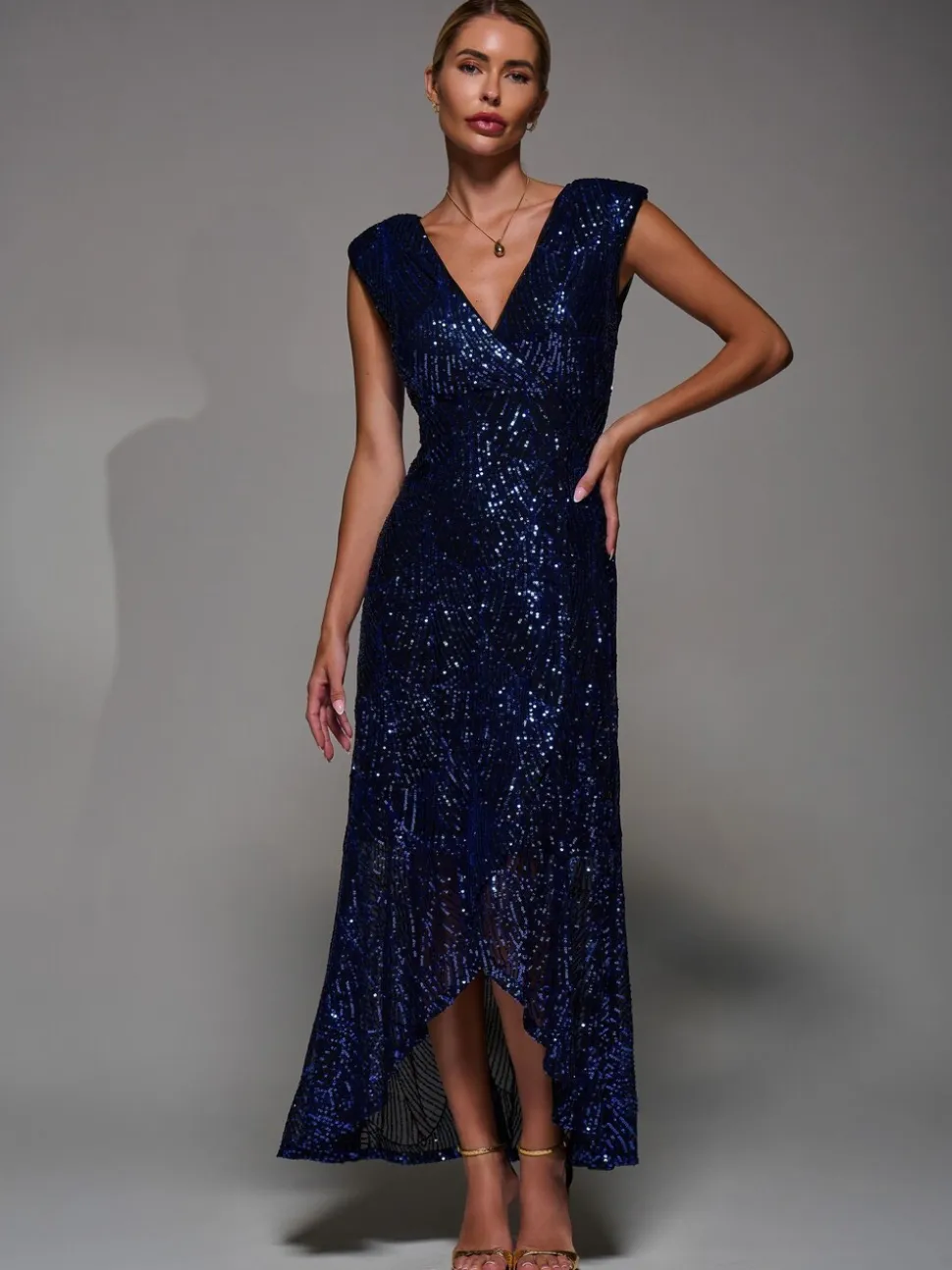 Jolie Moi Charcoal Black Sequin Asymmetric Ruffle Hem Maxi Dress