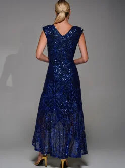 Jolie Moi Charcoal Black Sequin Asymmetric Ruffle Hem Maxi Dress