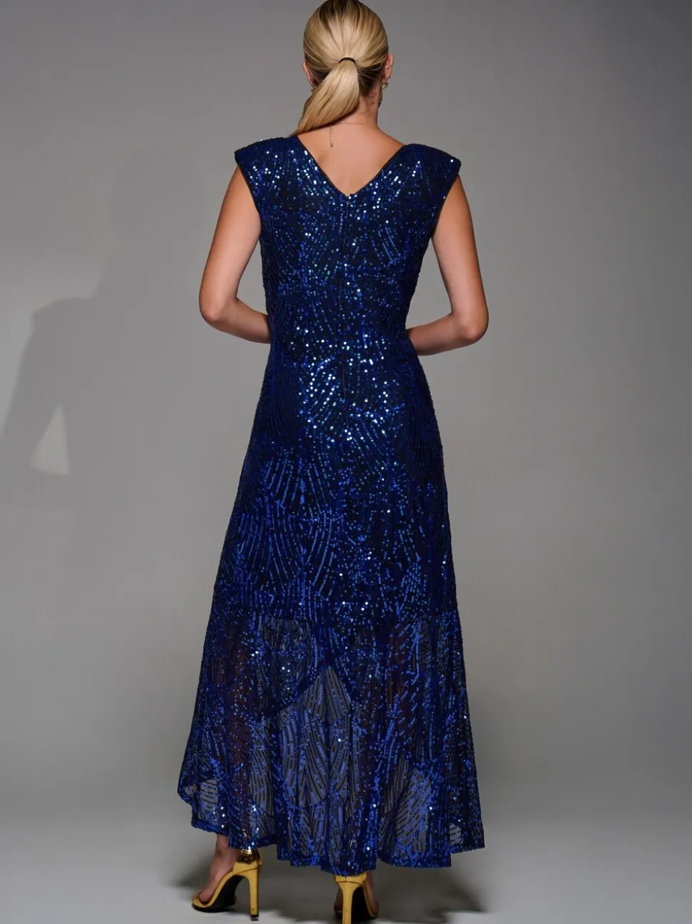 Jolie Moi Charcoal Black Sequin Asymmetric Ruffle Hem Maxi Dress
