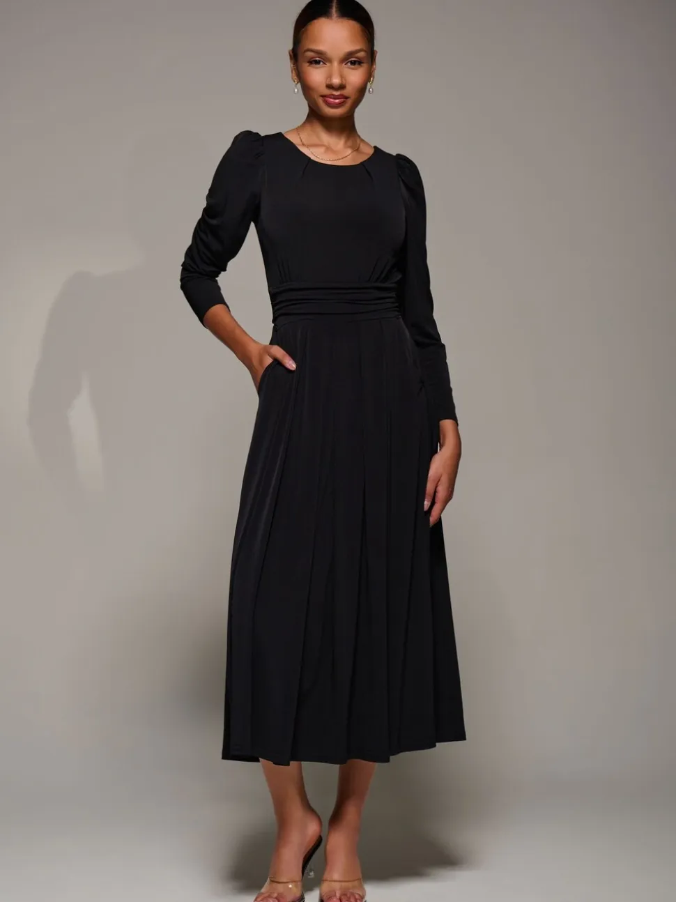 Jolie Moi Charcoal Black Puff Long Sleeve Jersey Maxi Dress
