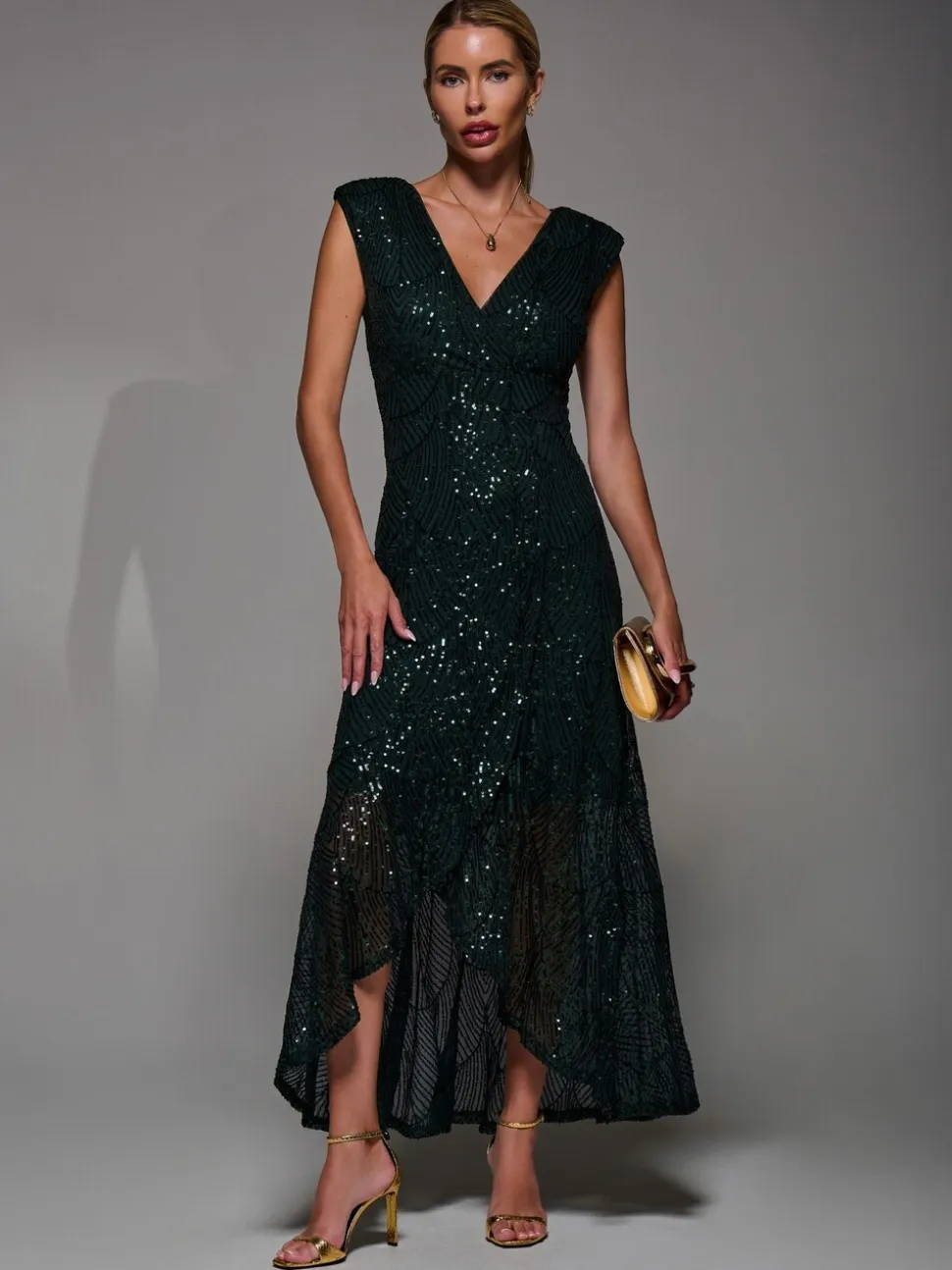Jolie Moi Dark Green Sequin Asymmetric Ruffle Hem Maxi Dress