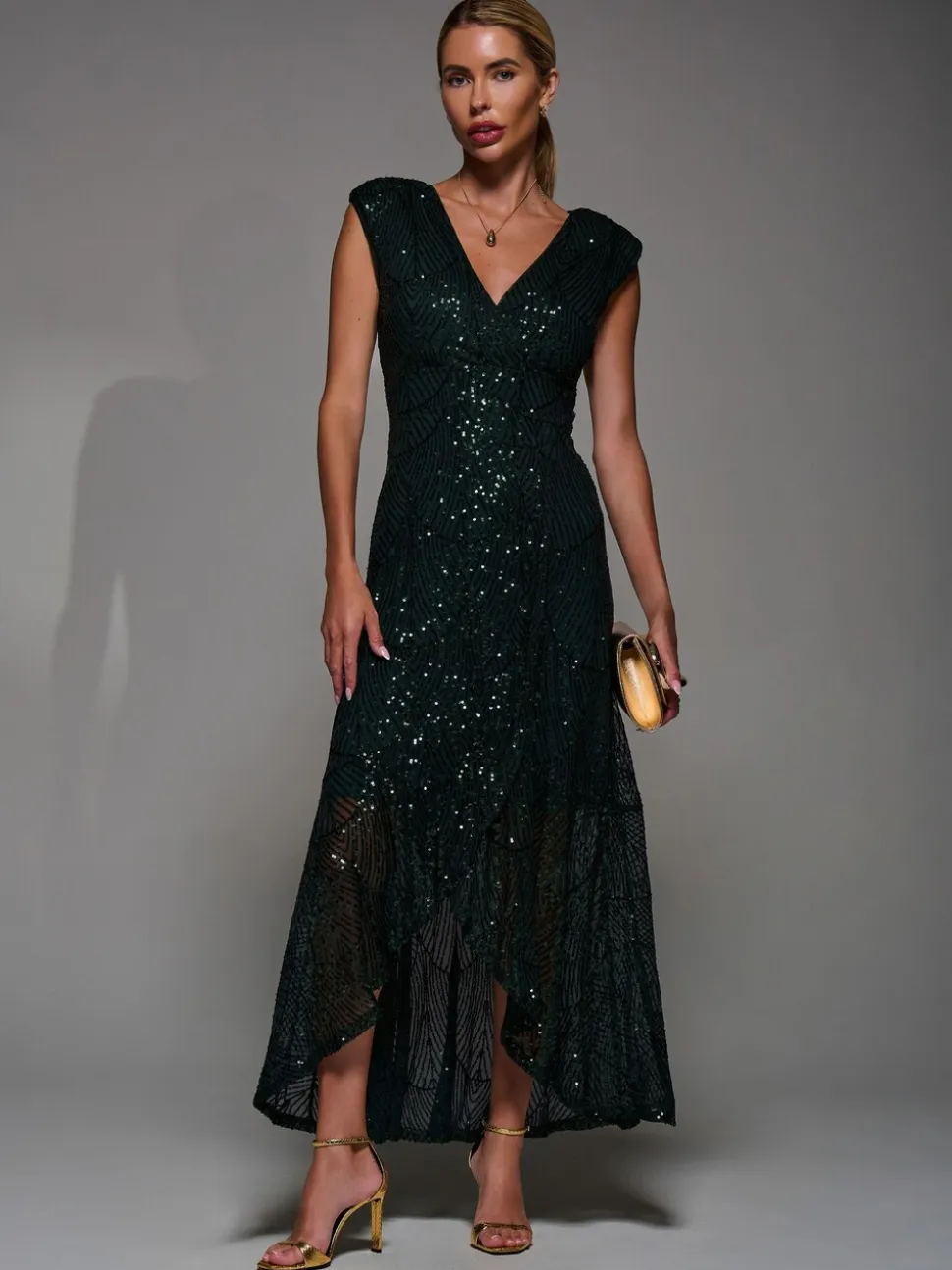 Jolie Moi Dark Green Sequin Asymmetric Ruffle Hem Maxi Dress