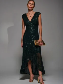 Jolie Moi Dark Green Sequin Asymmetric Ruffle Hem Maxi Dress