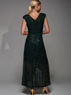 Jolie Moi Dark Green Sequin Asymmetric Ruffle Hem Maxi Dress