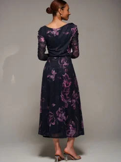 Jolie Moi Denim Black Long Sleeve Asymmetric Gathered Mesh Midi Dress
