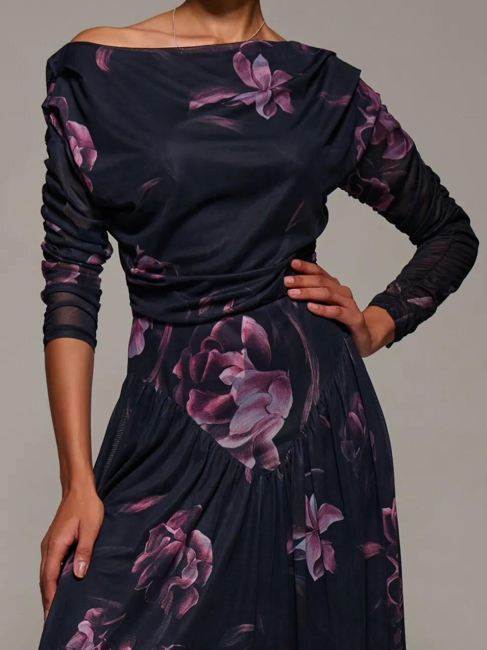 Jolie Moi Denim Black Long Sleeve Asymmetric Gathered Mesh Midi Dress