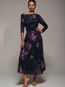Jolie Moi Denim Black Long Sleeve Asymmetric Gathered Mesh Midi Dress