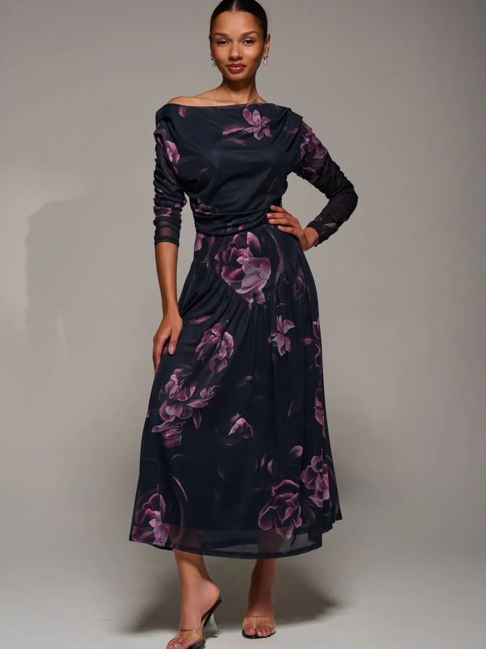 Jolie Moi Denim Black Long Sleeve Asymmetric Gathered Mesh Midi Dress