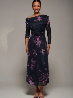 Jolie Moi Denim Black Long Sleeve Asymmetric Gathered Mesh Midi Dress