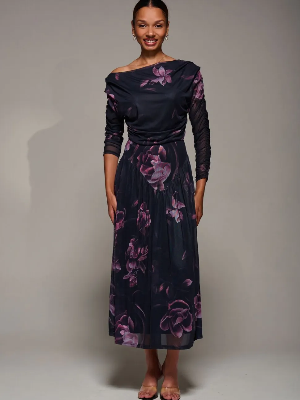 Jolie Moi Denim Black Long Sleeve Asymmetric Gathered Mesh Midi Dress