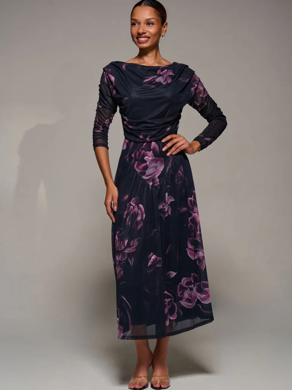 Jolie Moi Denim Black Long Sleeve Asymmetric Gathered Mesh Midi Dress