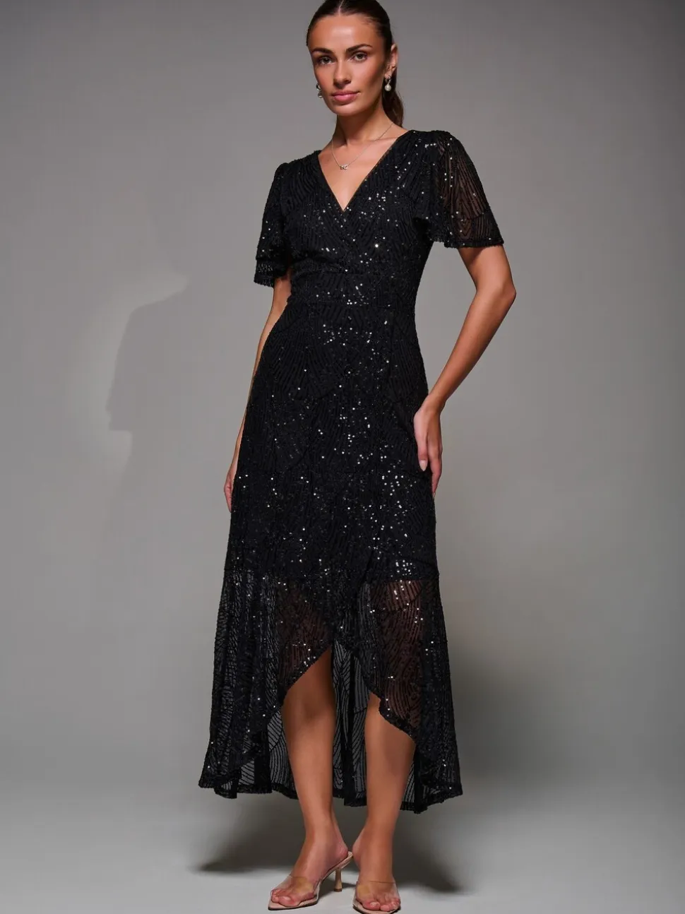 Jolie Moi Denim Black Sequin Angel Sleeve Ruffle Hem Maxi Dress