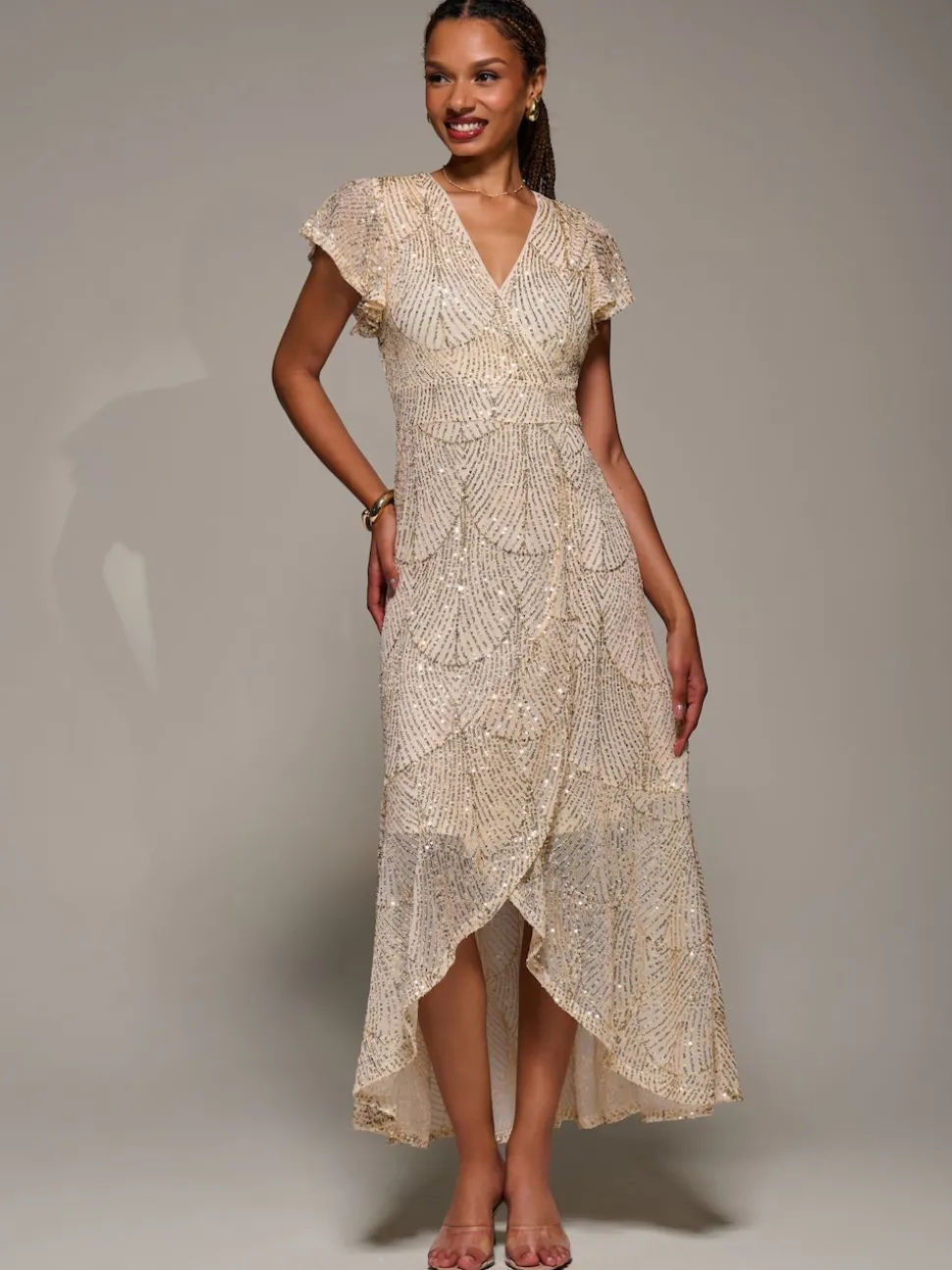 Jolie Moi Gold Frill Short Sleeve Sequin Maxi Dress