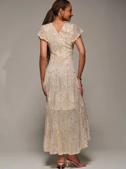 Jolie Moi Gold Frill Short Sleeve Sequin Maxi Dress