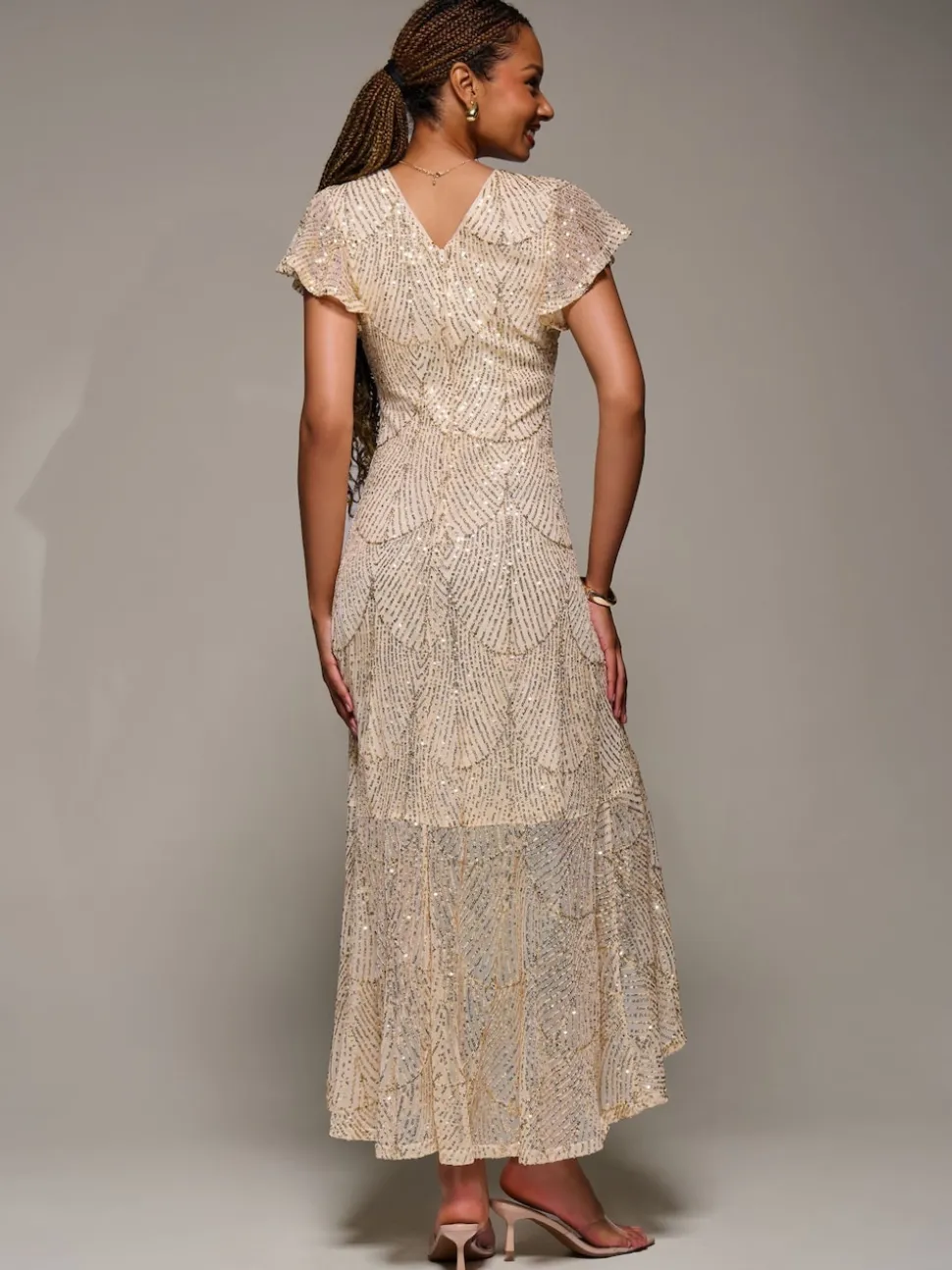 Jolie Moi Gold Frill Short Sleeve Sequin Maxi Dress