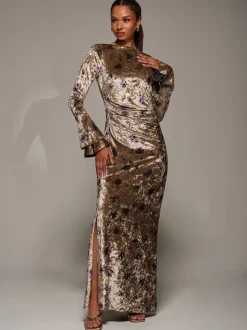Jolie Moi Gold Ruffle Sleeve Asymmetric Neck Velvet Maxi Dress