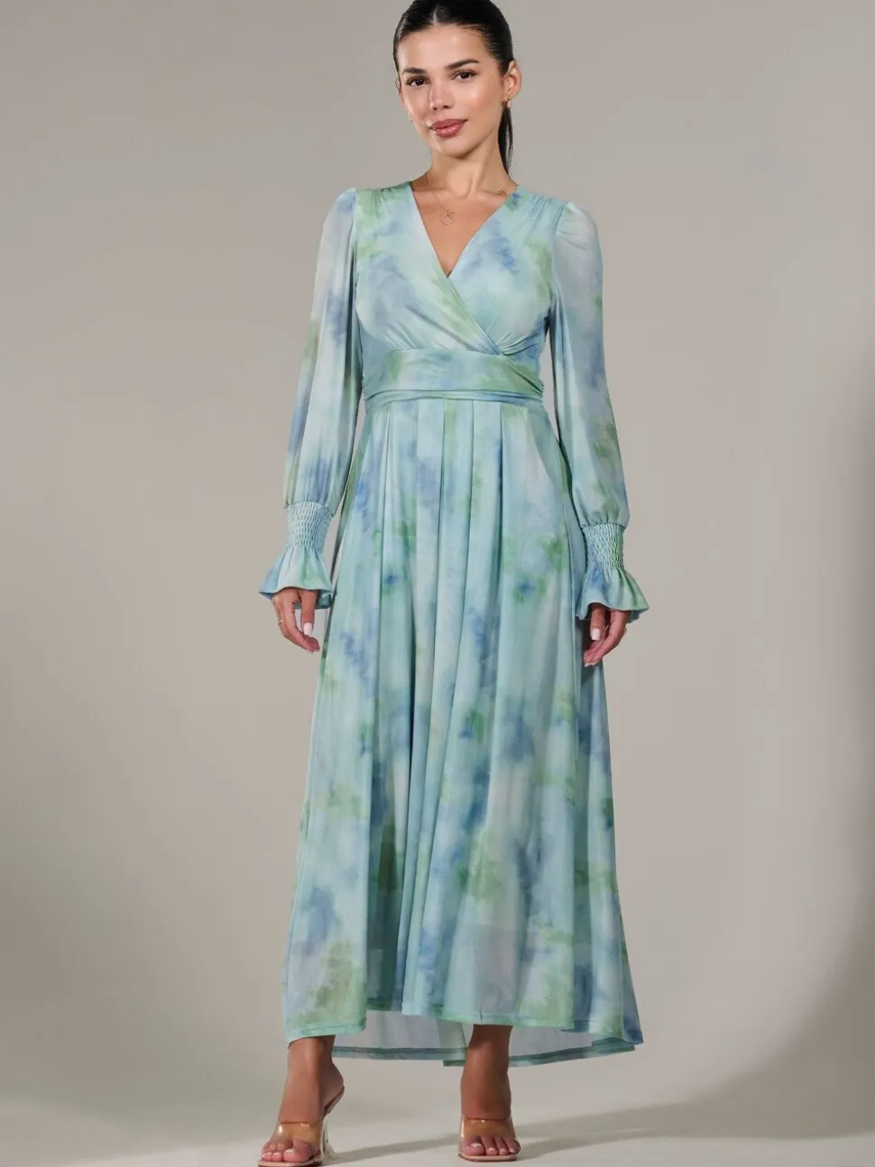 Jolie Moi Green Petite Petite Long Sleeve Soft Silky Jersey Midi Dress